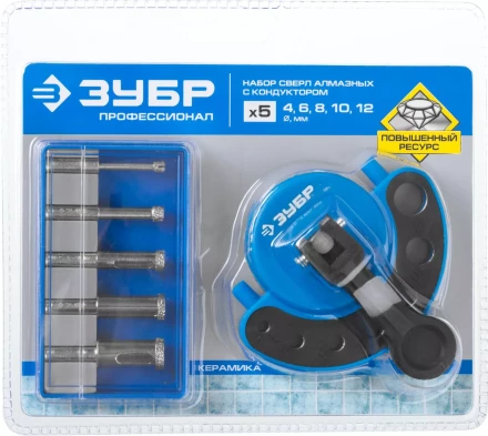 Набор ЗУБР "ПРОФЕССИОНАЛ": Алмазные трубчатые сверла по керамике с кондуктором, гальваника, зерно 60, d=4/6/8/10/12мм, 6шт 29851-H6 купить в Когалыме
