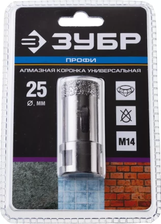 Алмазная коронка ЗУБР "ПРОФЕССИОНАЛ" универсальная для УШМ, сухое сверление, алмазы на вакуумной пайке,  посадка М14, d=25мм 29865-25 купить в Когалыме
