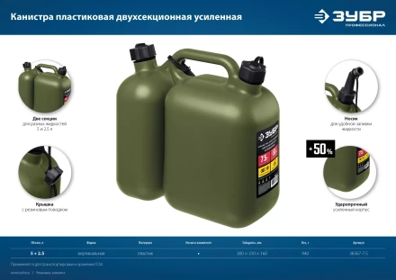 ЗУБР 5 + 2.5 л, пластиковая усиленная двухсекционная канистра, Профессионал (38367-7.5) купить в Когалыме