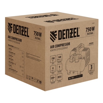 Компрессор Denzel DLS750/6 58019 безмасляный малошумный 750 Вт, 140 л/мин,ресивер 6 л купить в Когалыме