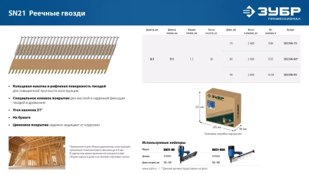 ЗУБР SN21 70 х 3.1 мм, реечные гвозди рифленые оцинкованные, 2400 шт (305396-70) купить в Когалыме