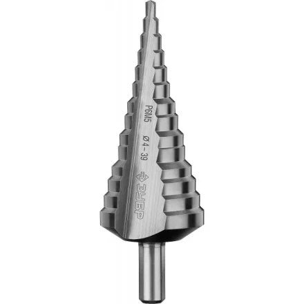 Сверло ЗУБР ступенчатое по сталям и цвет.мет.ст.Р6М5,d4- 39мм,14ступ.d4-39,L -113 мм, трехгран.хв. 10мм 29670-4-39-14 купить в Когалыме