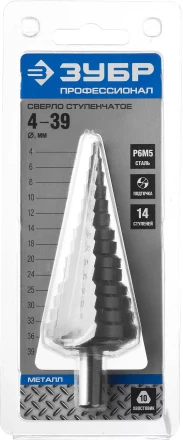 Сверло ЗУБР ступенчатое по сталям и цвет.мет.ст.Р6М5,d4- 39мм,14ступ.d4-39,L -113 мм, трехгран.хв. 10мм 29670-4-39-14 купить в Когалыме