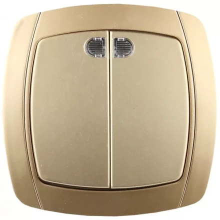 Выключатель СВЕТОЗАР "АКЦЕНТ" двухклавишный в сборе, с подсветкой, цвет золотой металлик, 10А/~250В SV-54235-GM купить в Когалыме