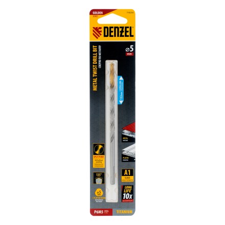 Сверло спиральное по металлу Denzel 5 х 132 мм, Р6М5, Golden Tip, удлиненное, 718254 купить в Когалыме