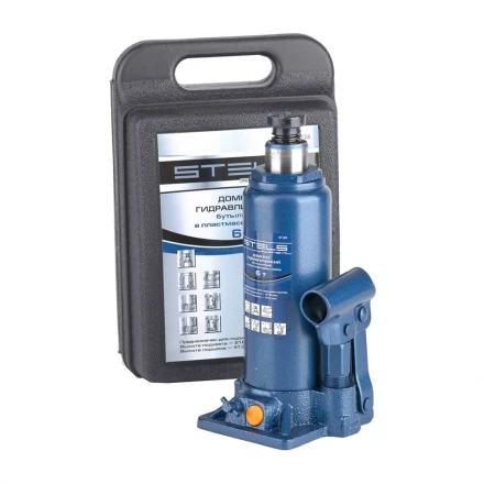 Домкрат гидравлический бутылочный 6 т h подъема 216–413 мм в пластиковом кейсе  STELS 51124 купить в Когалыме