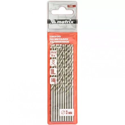 Сверло по металлу 3,0 х 100 мм полированное удлиненное HSS 10 штук цилиндрический хвостовик MATRIX 715030 купить в Когалыме