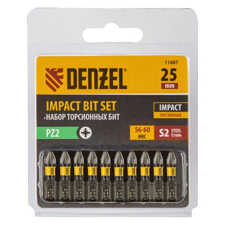 Бита IMPACT, PZ2x25 мм, лазерная обработка шлица, сталь S2, 10 шт., Е 6,3 Denzel 11687 купить в Когалыме