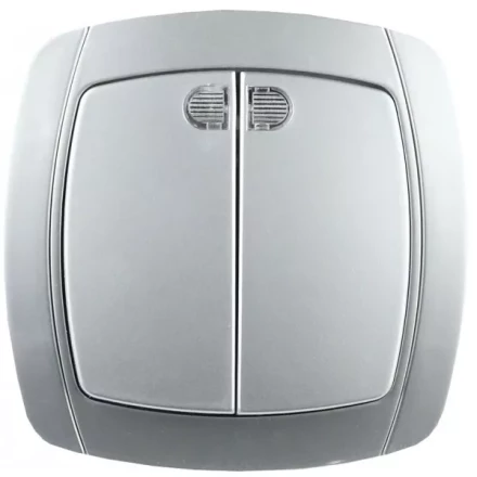 Выключатель СВЕТОЗАР "АКЦЕНТ" двухклавишный в сборе, с подсветкой, цвет серебристый металлик, 10А/~250В SV-54235-SM купить в Когалыме