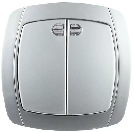 Выключатель СВЕТОЗАР "АКЦЕНТ" двухклавишный в сборе, с подсветкой, цвет серебристый металлик, 10А/~250В SV-54235-SM купить в Когалыме