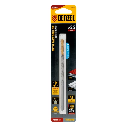 Сверло спиральное по металлу Denzel 5,5 х 139 мм, Р6М5, Golden Tip, удлиненное, 718255 купить в Когалыме