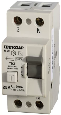 Выключатель дифференциальный "УЗО" СВЕТОЗАР, 2-полюсный, 25 A, "AC", откл. диф.ток. 30 мА, 230 В SV-49152-30-25 купить в Когалыме