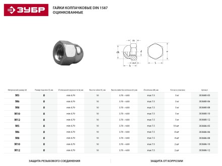 Гайка ЗУБР &quot;МАСТЕР&quot; колпачковая DIN 1587, оцинкованная,  M6, 5кг 303680-06 купить в Когалыме