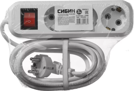 Удлинитель СИБИН электрический, ПВС сечение 0,75кв мм, 3 гнезда, макс мощн 2200Вт, 3м, заземление, выключатель 55036-3 купить в Когалыме