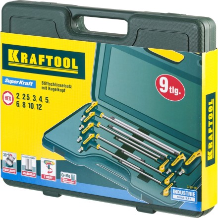 Набор KRAFTOOL Ключи &quot;INDUSTRIE&quot; имбусовые,Cr-Mo(S2),Т-образные, эргоном двухкомп рукоятка,HEX,с шариком,9 шт,в боксе 27454-H9 купить в Когалыме
