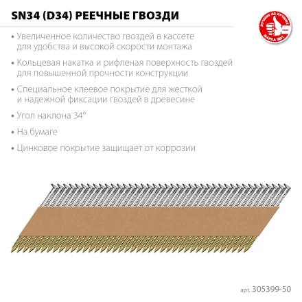 ЗУБР SN34 (D34) 50 х 2.8 мм, реечные гвозди рифленые оцинкованные, 5000 шт (305399-50) купить в Когалыме