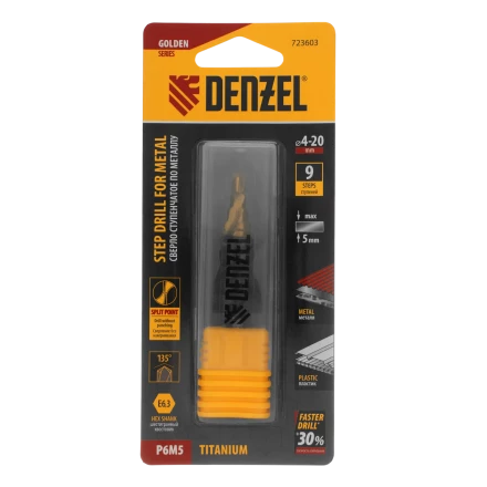 Сверло ступенчатое Denzel 723604, 6-8-10-12-14-16-18-20-22-24-26-28-30мм, Р6М5, 6-гр. хвостовик купить в Когалыме