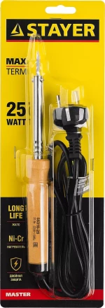 Паяльник MAXTerm с деревянной рукояткой, жало - конус, STAYER 55310-25, 25 Вт 55310-25 купить в Когалыме