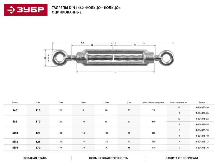 Талреп ЗУБР "ПРОФЕССИОНАЛ" DIN 1480, кольцо-кольцо, оцинкованный, кованая натяжная муфта, М10, 6 шт 4-304375-10 купить в Когалыме