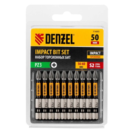 Бита IMPACT, PZ3x50 мм, лазерная обработка шлица, сталь S2, 10 шт., Е 6,3 Denzel 11693 купить в Когалыме