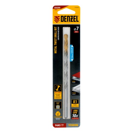 Сверло спиральное по металлу Denzel, 7,0 х 156 мм, Р6М5, Golden Tip, удлиненное, 718258 купить в Когалыме