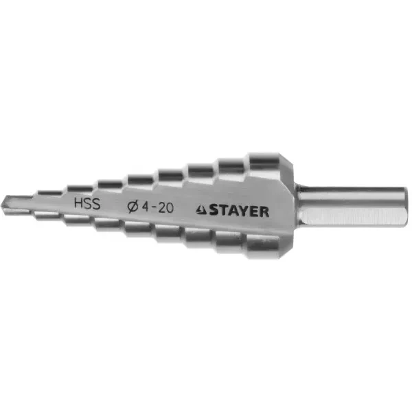 Сверло STAYER "MASTER" ступенчатое по сталям и цвет.мет., сталь HSS, d=4-20мм, 9ступ.d 4-20, L-75 мм,трехгран. хвост. 8мм 29660-4-20-9 купить в Когалыме