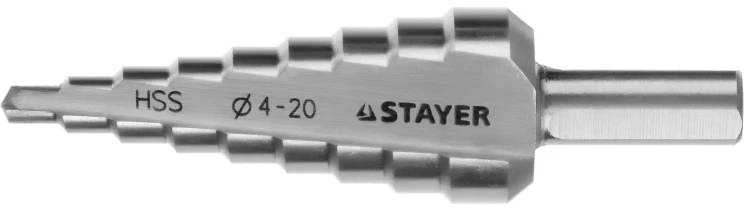 Сверло STAYER "MASTER" ступенчатое по сталям и цвет.мет., сталь HSS, d=4-20мм, 9ступ.d 4-20, L-75 мм,трехгран. хвост. 8мм 29660-4-20-9 купить в Когалыме