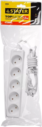 Удлинитель "TOPELECTRO" электрический, ПВС 2х1мм2, 5 гнезд, 3500 Вт, 1.5м, STAYER 55050-1.5 купить в Когалыме