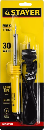 Паяльник MAXTerm с пластмассовой рукояткой, жало - конус, STAYER 55305-30, 30 Вт 55305-30 купить в Когалыме