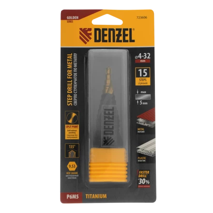 Сверло ступенчатое Denzel 723606, 4-6-8-10-12-14-16-18-20-22-24-26-28-30-32 мм, Р6М5, 6-гр. хвостовик купить в Когалыме
