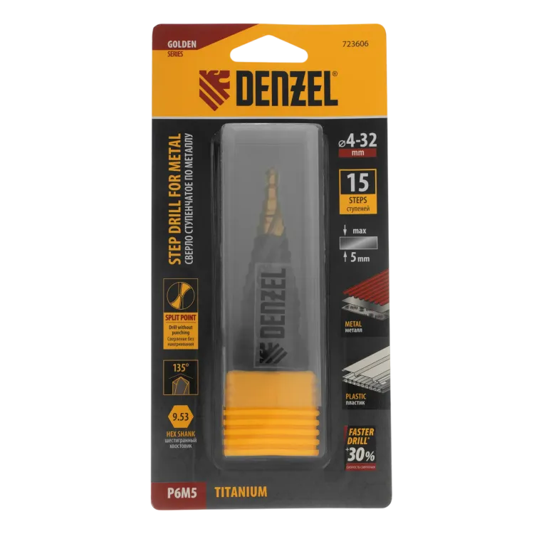 Сверло ступенчатое Denzel 723606, 4-6-8-10-12-14-16-18-20-22-24-26-28-30-32 мм, Р6М5, 6-гр. хвостовик купить в Когалыме