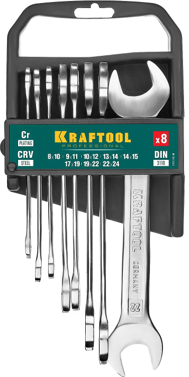 Наборы ключей гаечных рожковых KRAFTOOL, Cr-V, DIN 3110, на пластиковой подвеске 27033-H8C купить в Когалыме