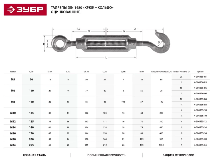 Талреп ЗУБР "ПРОФЕССИОНАЛ"  DIN 1480, крюк-кольцо, оцинкованный, кованая натяжная муфта, М12, 4 шт 4-304355-12 купить в Когалыме