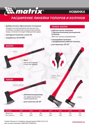 Топор-колун с клиновидным полотном 1500 г Matrix 21807, фибергласовое двухкомпонентное топорище 430 мм купить в Когалыме