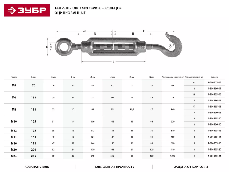 Талреп ЗУБР "ПРОФЕССИОНАЛ"  DIN 1480, крюк-кольцо, оцинкованный, кованая натяжная муфта, М14, 3 шт 4-304355-14 купить в Когалыме