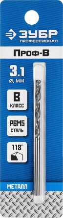 ЗУБР ПРОФ-В, 3.1 х 65 мм, сталь Р6М5, класс В, сверло по металлу, Профессионал (29621-3.1) купить в Когалыме