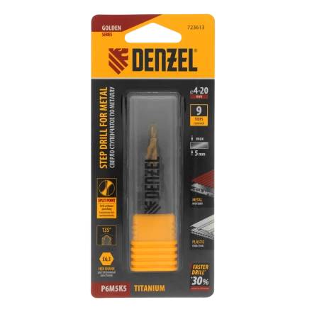 Сверло ступенчатое Denzel 723613, 4-6-8-10-12-14-16-18-20 мм, Р6М5К5, 6-гр. хвостовик купить в Когалыме
