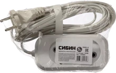 Удлинитель СИБИН электрический, ШВВП сечение 0,75кв мм, 2 гнезда, макс мощн 1300Вт, 5м 55091-5 купить в Когалыме