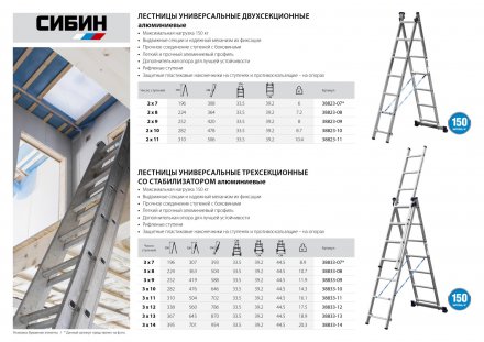 Лестница СИБИН универсальная,трехсекционная со стабилизатором, 14 ступеней 38833-14 купить в Когалыме