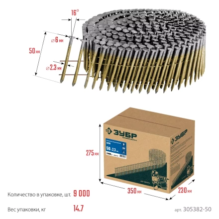ЗУБР CNW 50 х 2.3 мм, барабанные гвозди рифленые, 9000 шт (305382-50) купить в Когалыме