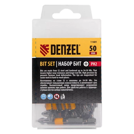 Бита PH2х25, сталь легированная S2, 20 шт., пластиковая коробка, , Е 6,3 Denzel 11681 купить в Когалыме