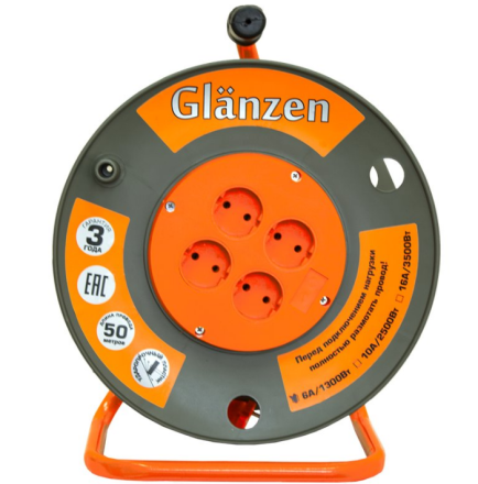 Удлинитель силовой на катушке GLANZEN 4 гн. ПВС 2х1,5 EB-50-006 купить в Когалыме