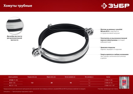 ЗУБР 3, М8/М10, цинк, 10 шт, трубный хомут с гайкой (37880-87-94) купить в Когалыме