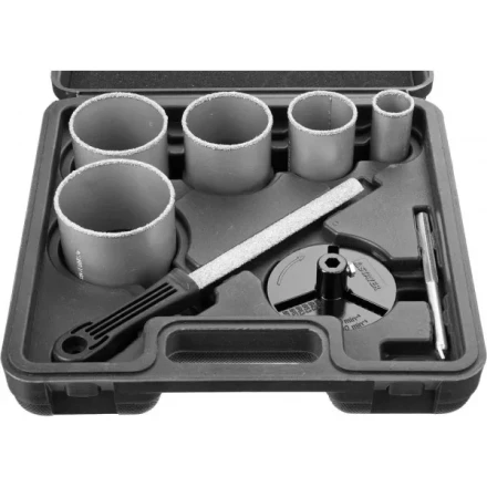 Набор STAYER "PROFESSIONAL": Коронки с основанием и центровочным сверлом, напильник, d=33, 53, 67, 73, 83мм, 8предм 33345-H8 купить в Когалыме