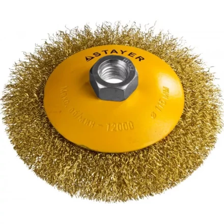 STAYER "PROFESSIONAL". Щетка коническая для УШМ, витая стальная латунированная проволока 0,3мм, 115ммхМ14 35133-115 купить в Когалыме