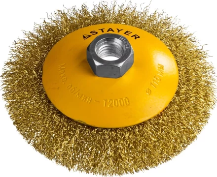 STAYER "PROFESSIONAL". Щетка коническая для УШМ, витая стальная латунированная проволока 0,3мм, 115ммхМ14 35133-115 купить в Когалыме