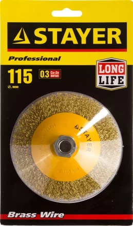 STAYER "PROFESSIONAL". Щетка коническая для УШМ, витая стальная латунированная проволока 0,3мм, 115ммхМ14 35133-115 купить в Когалыме
