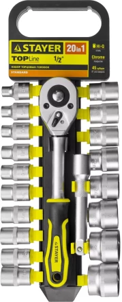 Набор STAYER "STANDARD": Торцовые головки (1/2") на пластиковом рельсе, трещотка, удлинитель, 8-32мм, 20 предметов 27750-H20 купить в Когалыме