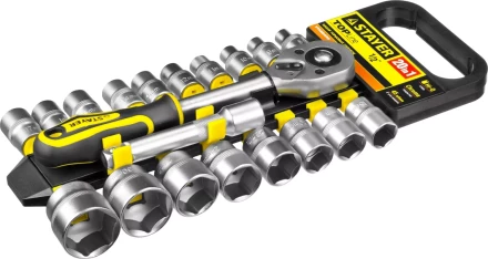 Набор STAYER "STANDARD": Торцовые головки (1/2") на пластиковом рельсе, трещотка, удлинитель, 8-32мм, 20 предметов 27750-H20 купить в Когалыме