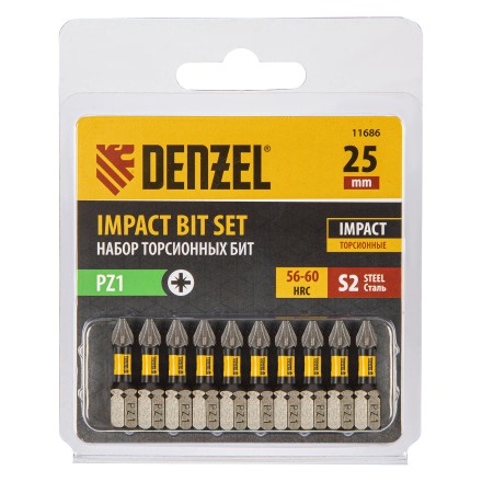 Бита IMPACT, PZ1x25 мм, лазерная обработка шлица, сталь S2, 10 шт., Е 6,3 Denzel 11686 купить в Когалыме